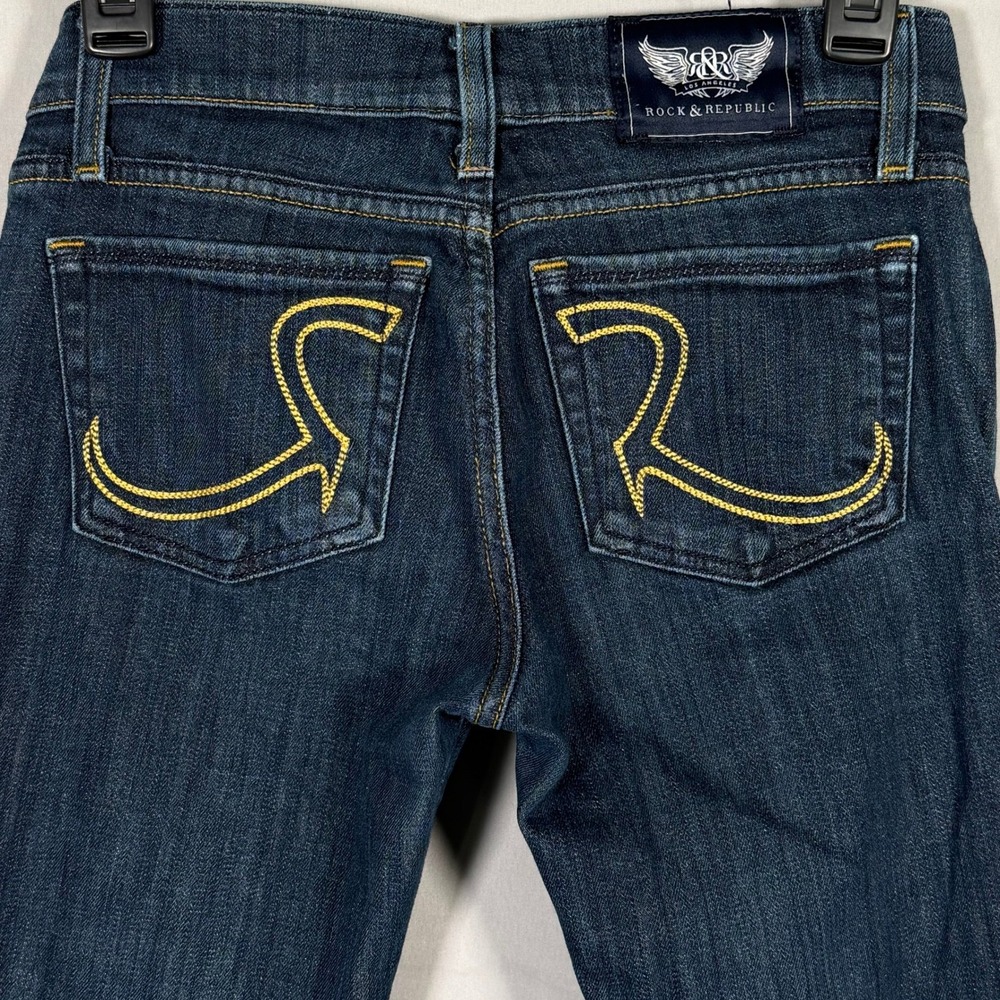 Rock & Republic Women‎ Dark Wash Low Rise Skinny Jeans Size 26 Yellow Stitching
